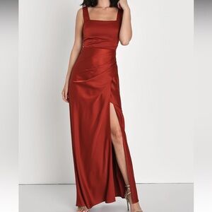 Red Carpet Romance Rust Orange Satin Square Neck Maxi Dress Size Small